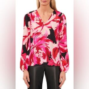 Halogen Pink Floral Long Sleeve V-Neck Blouse Size Medium